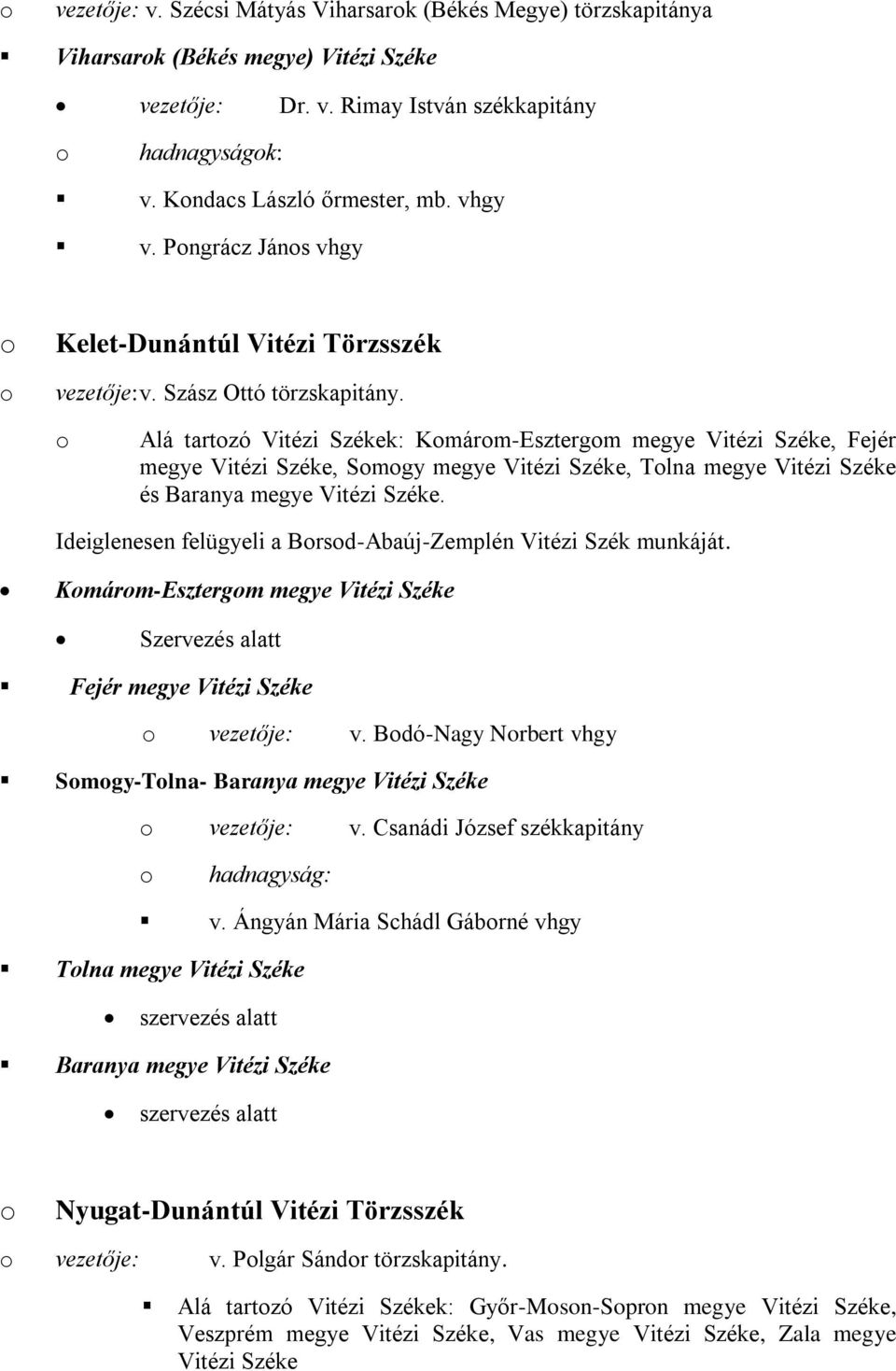 Alá tartzó Vitézi Székek: Kmárm-Esztergm megye Vitézi Széke, Fejér megye Vitézi Széke, Smgy megye Vitézi Széke, Tlna megye Vitézi Széke és Baranya megye Vitézi Széke.