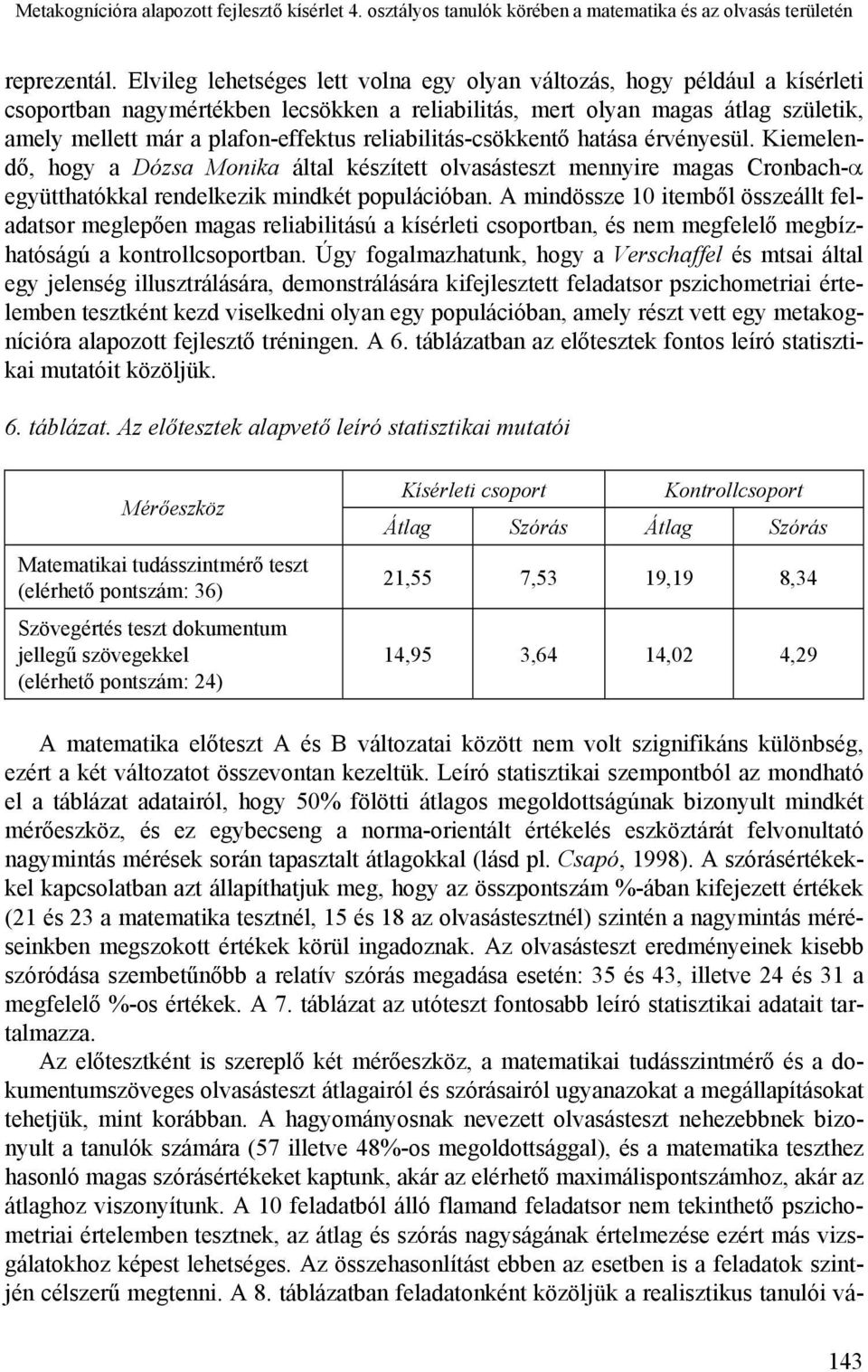 reliabilitás-csökkentő hatása érvényesül. Kiemelendő, hogy a Dózsa Monika által készített olvasásteszt mennyire magas Cronbach-α együtthatókkal rendelkezik mindkét populációban.