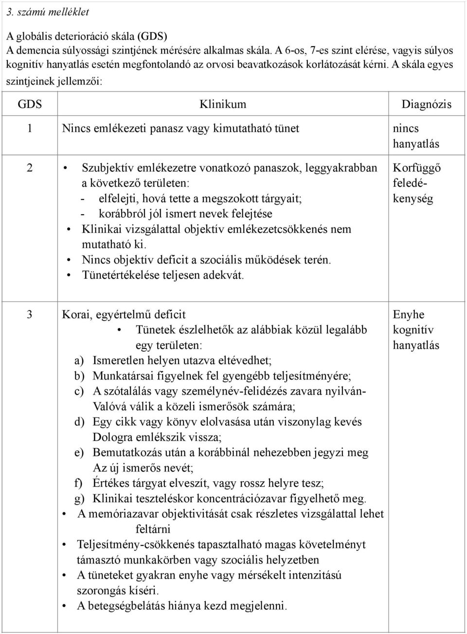 A skála egyes szintjeinek jellemzői: GDS Klinikum Diagnózis 1 Nincs emlékezeti panasz vagy kimutatható tünet nincs hanyatlás 2 Szubjektív emlékezetre vonatkozó panaszok, leggyakrabban a következő