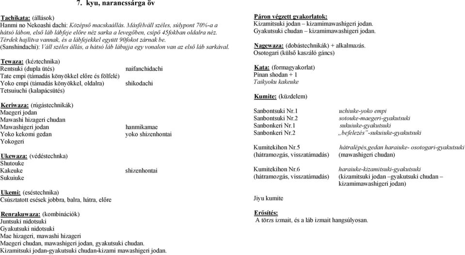 UTewaza:U (kéztechnika) Rentsuki (dupla ütés) naifanchidachi Tate empi (támadás könyökkel előre és fölfelé) Yoko empi (támadás könyökkel, oldalra) shikodachi Tetsuiuchi (kalapácsütés) UKeriwaza:U