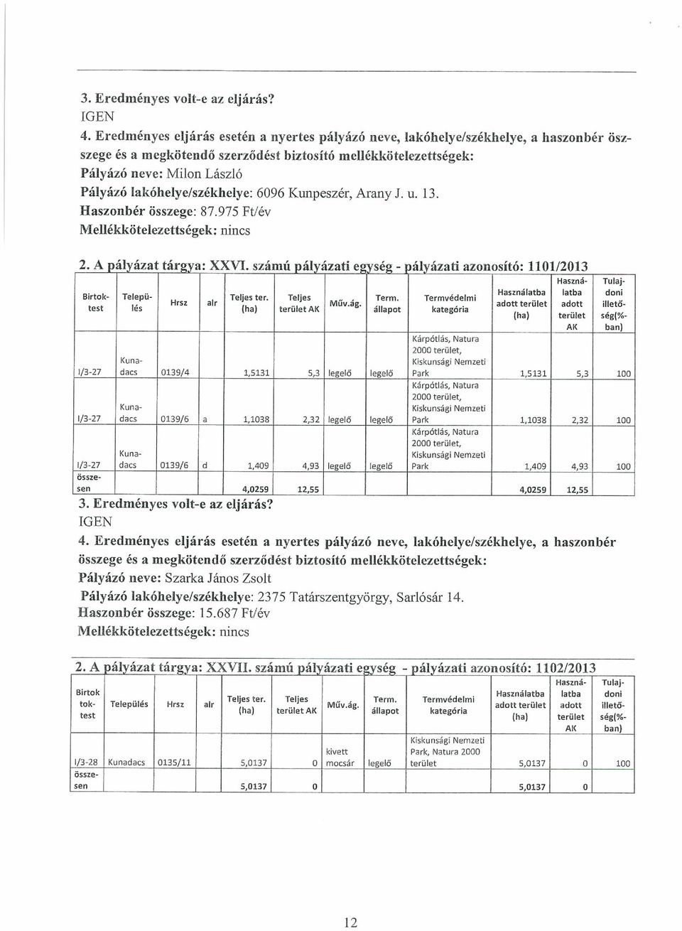 . adottterulet adott illeto test les (ha) terulet AK állapot kategória (ha) terület ség(% Kárpótlás, Natura 2000 terület, Kuna- 1/3-27 dacs 0139/4 1,5131 5,3 le elő le elő Park 1,5131 5,3 100