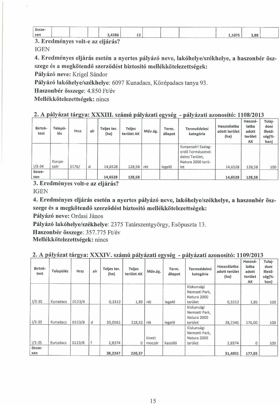 Termvédelmi Használatba latba dani Hrsz alr test lés (ha) terület Al< Mőv.ág.