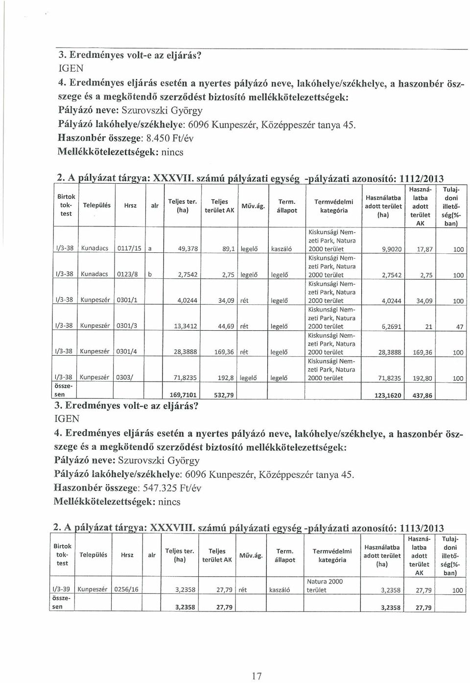 Termvédelmi tok- Település Hrsz alr (ha) terület Al< Műv.ág. állapot kategória adott terület adott Illető test (ha) terület ség(%.