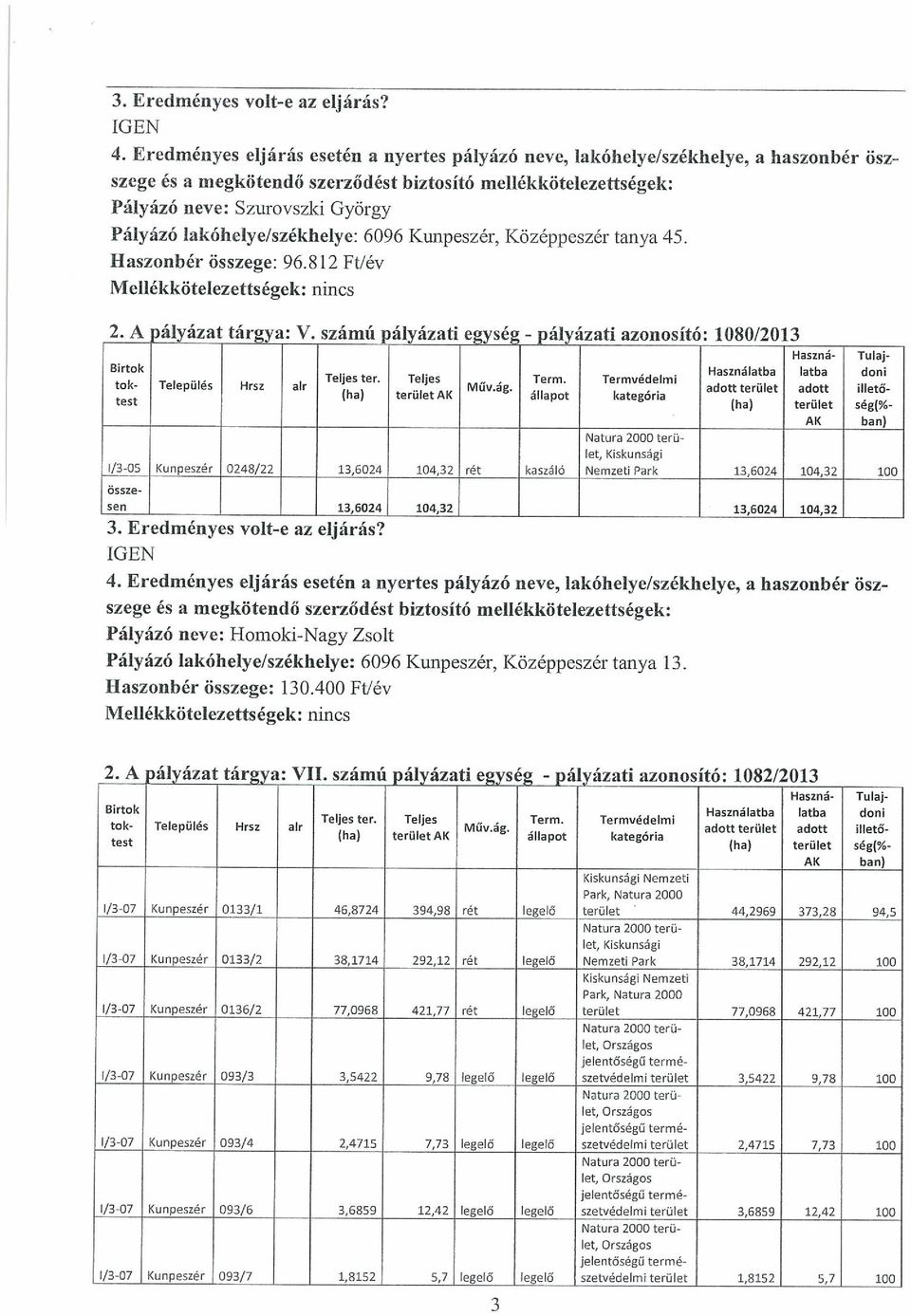 adott terület adott illető test (ha) terület AK állapot kategória (ha) terület ség(% /3-05 Kunpeszér 0248/22 terü let, 13,6024 104,32 rét kaszáló Nemzeti Park 13,6024 104,32 100 sen 13,6024 104,32