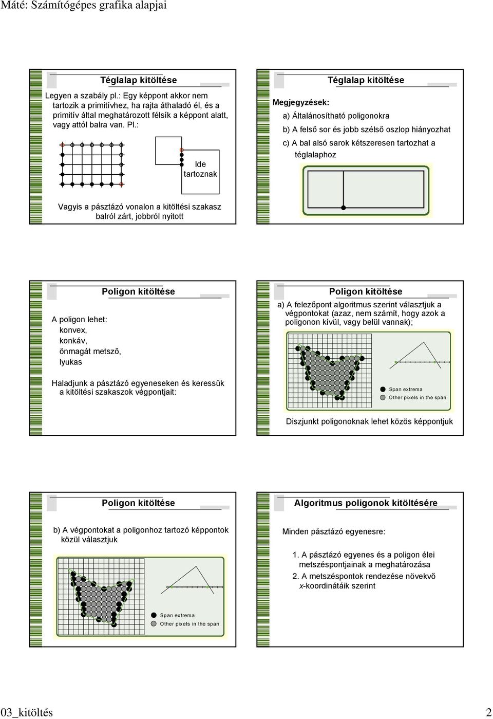 pásztázó vonalon a kitöltési szakasz balról zárt, jobbról nyitott A poligon lehet: konvex, konkáv, önmagát metsző, lyukas a) A felezőpont algoritmus szerint választjuk a végpontokat (azaz, nem