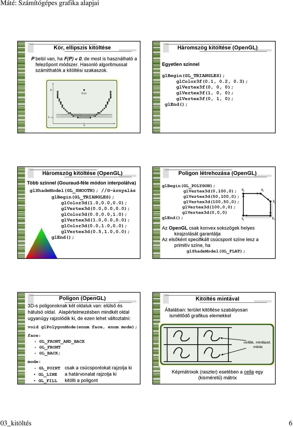 3); glvertex3f(0, 0, 0); glvertex3f(1, 0, 0); glvertex3f(0, 1, 0); glend(); Háromszög kitöltése (OpenGL) Több színnel (Gouraud-féle módon interpolálva) glshademodel(gl_smooth); //G-árnyalás