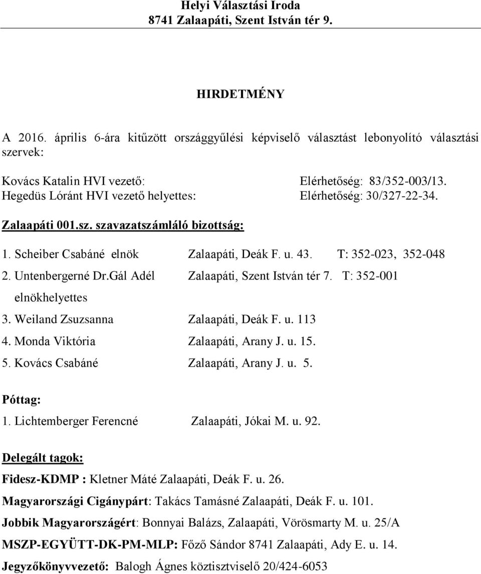 Kovács Csabáné Zalaapáti, Arany J. u. 5. 1. Lichtemberger Ferencné Zalaapáti, Jókai M. u. 92. Fidesz-KDMP : Kletner Máté Zalaapáti, Deák F. u. 26.