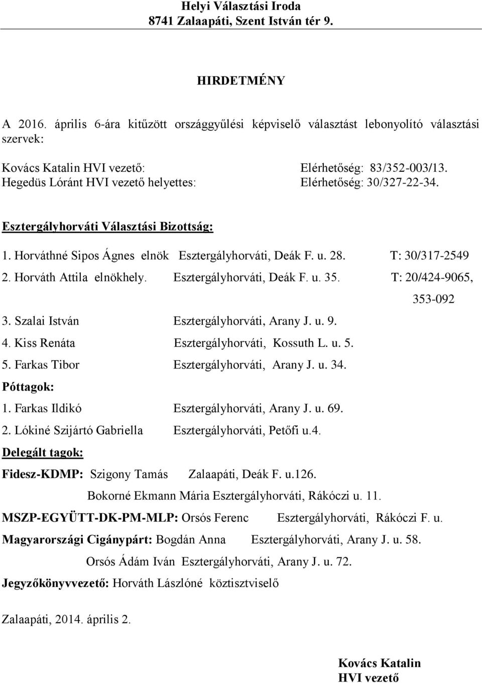 u. 34. Póttagok: 1. Farkas Ildikó Esztergályhorváti, Arany J. u. 69. 2. Lókiné Szijártó Gabriella Esztergályhorváti, Petőfi u.4. Fidesz-KDMP: Szigony Tamás Zalaapáti, Deák F. u.126.