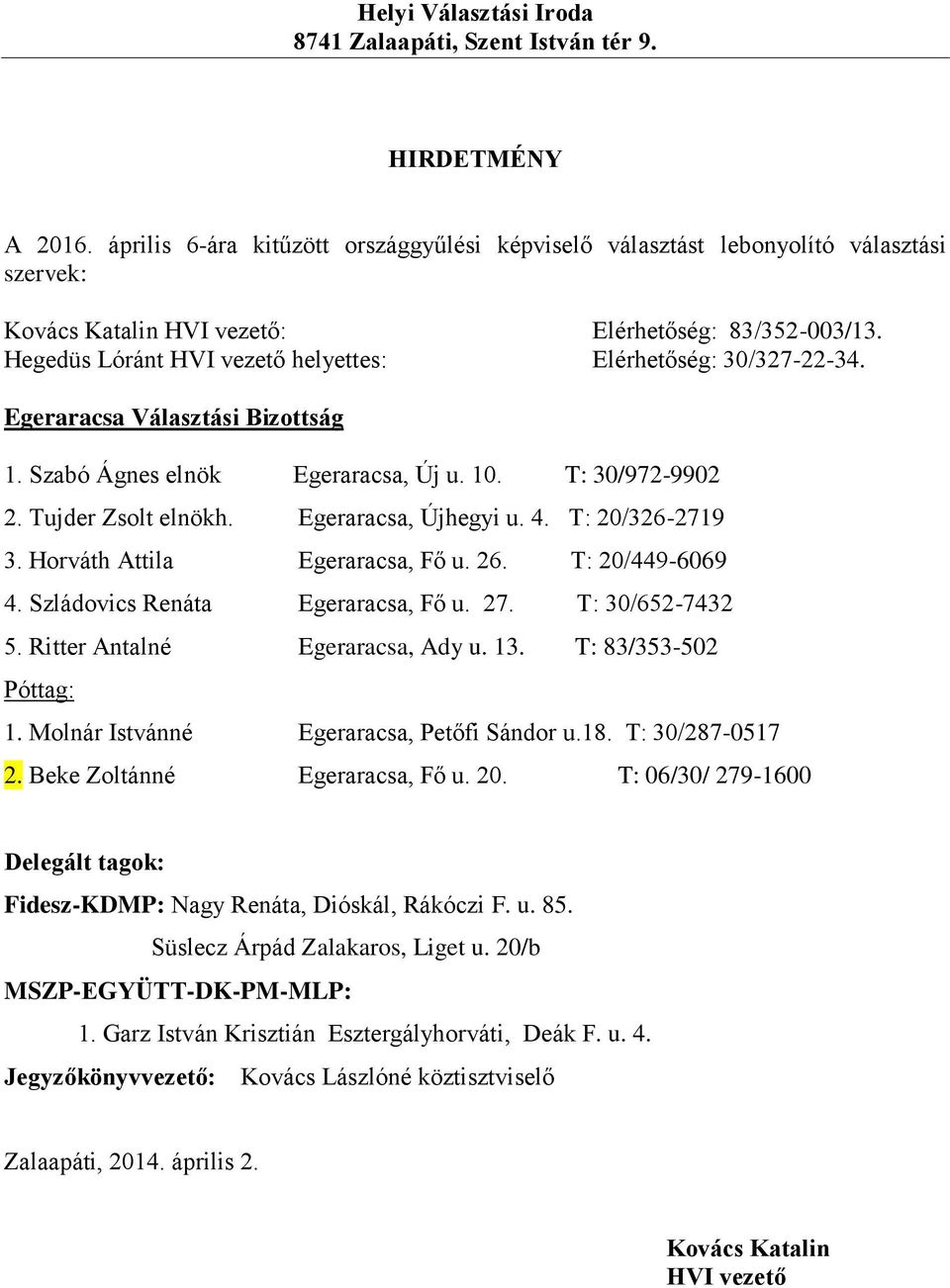 T: 83/353-502 1. Molnár Istvánné Egeraracsa, Petőfi Sándor u.18. T: 30/287-0517 2. Beke Zoltánné Egeraracsa, Fő u. 20.