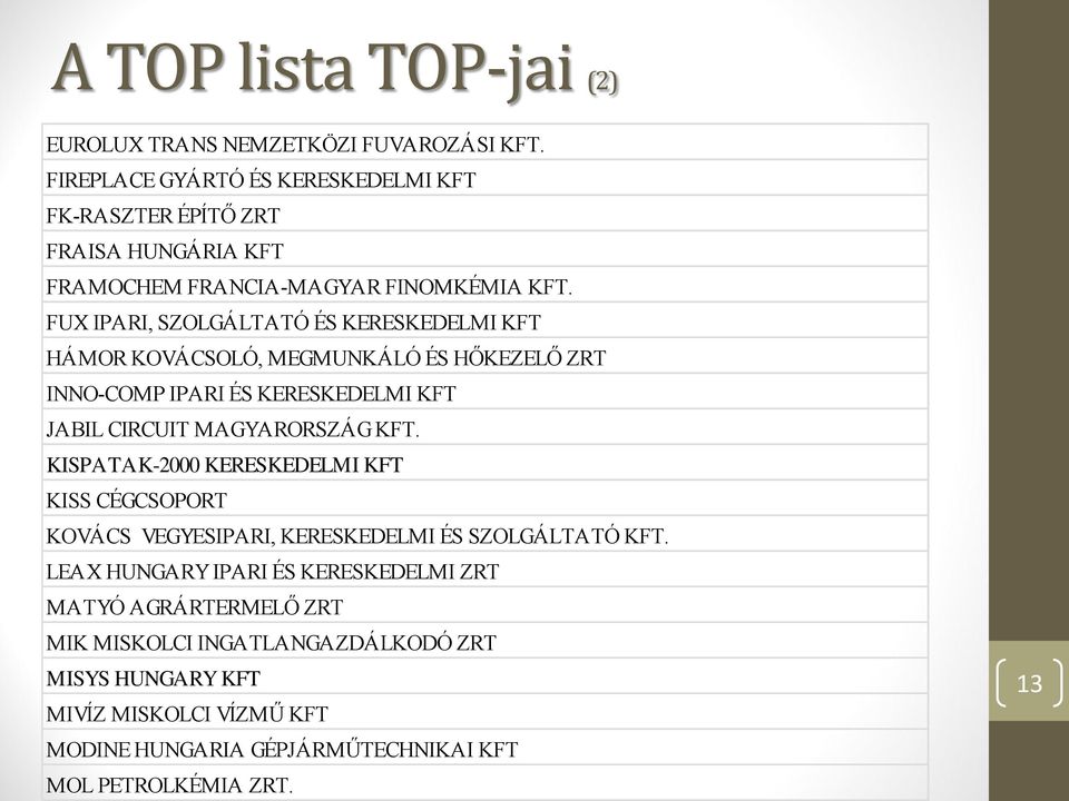 FUX IPARI, SZOLGÁLTATÓ ÉS KERESKEDELMI KFT HÁMOR KOVÁCSOLÓ, MEGMUNKÁLÓ ÉS HŐKEZELŐ ZRT INNO-COMP IPARI ÉS KERESKEDELMI KFT JABIL CIRCUIT MAGYARORSZÁG KFT.