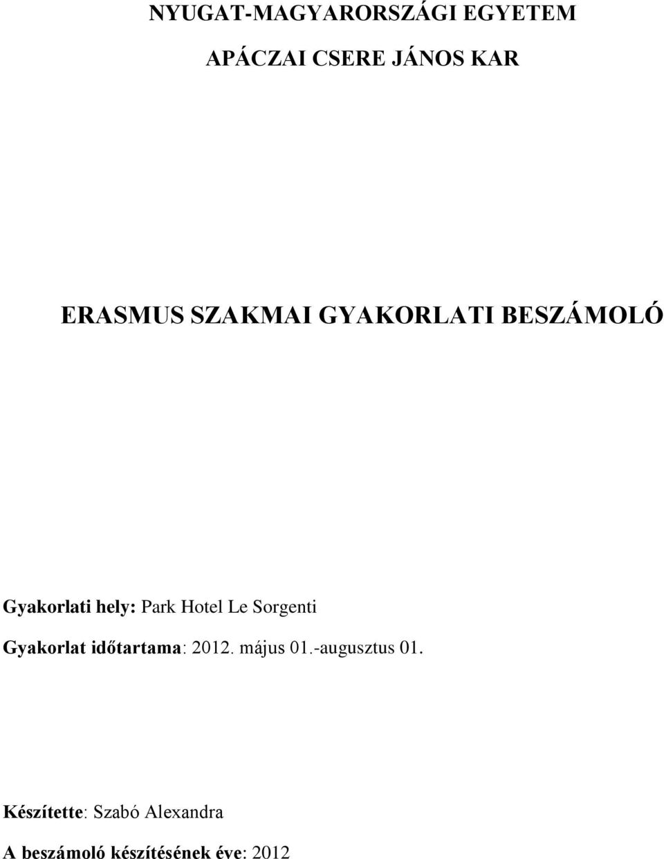 Sorgenti Gyakorlat időtartama: 2012. május 01.-augusztus 01.