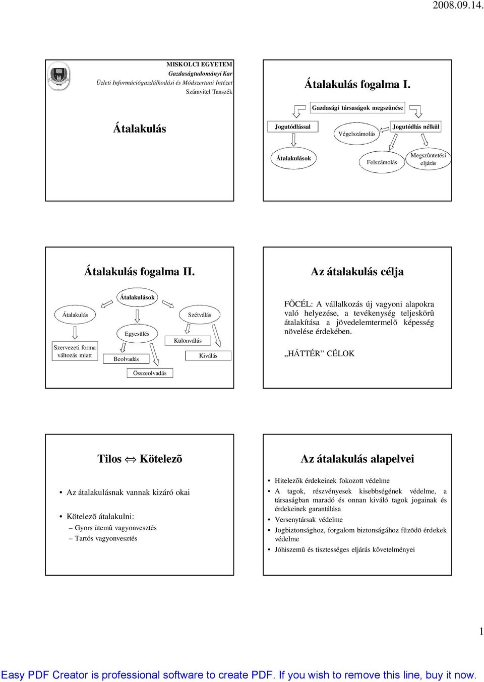 Az átalakulás célja Átalakulás Szervezeti forma változás miatt Átalakulások Egyesülés Beolvadás Szétválás Különválás Kiválás FÕCÉL: A vállalkozás új vagyoni alapokra való helyezése, a tevékenység