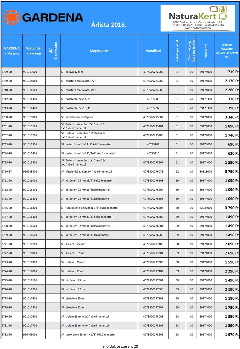 901015001 SP keresztelem szelephez 4078500275002 61 10 39174000 3 340 Ft 2751-20 901015101 2752-20 901015201 SP T-elem szelephez 2x1" belső és 1x1" külső menettel SP L-elem szelephez 1x1" belső és