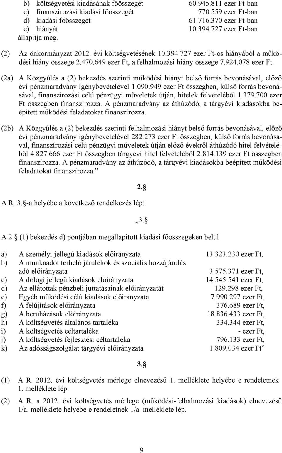078 ezer Ft. (2a) A Közgyűlés a (2) bekezdés szerinti működési hiányt belső forrás bevonásával, előző évi pénzmaradvány igénybevételével 1.090.