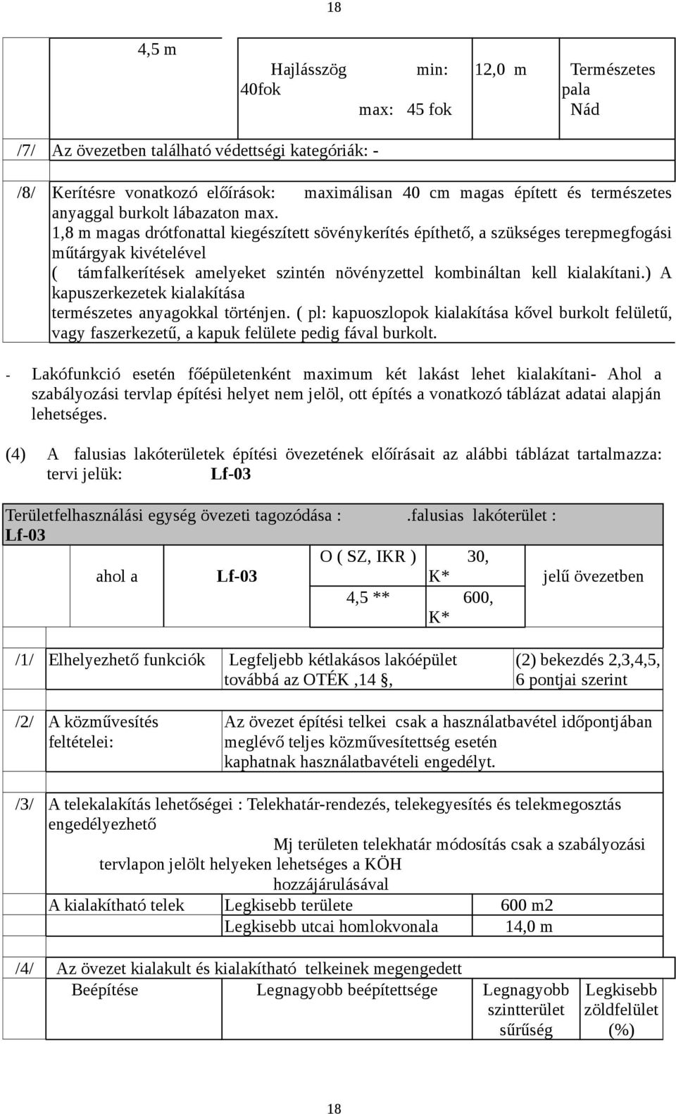 1,8 m magas drótfonattal kiegészített sövénykerítés építhető, a szükséges terepmegfogási műtárgyak kivételével ( támfalkerítések amelyeket szintén növényzettel kombináltan kell kialakítani.