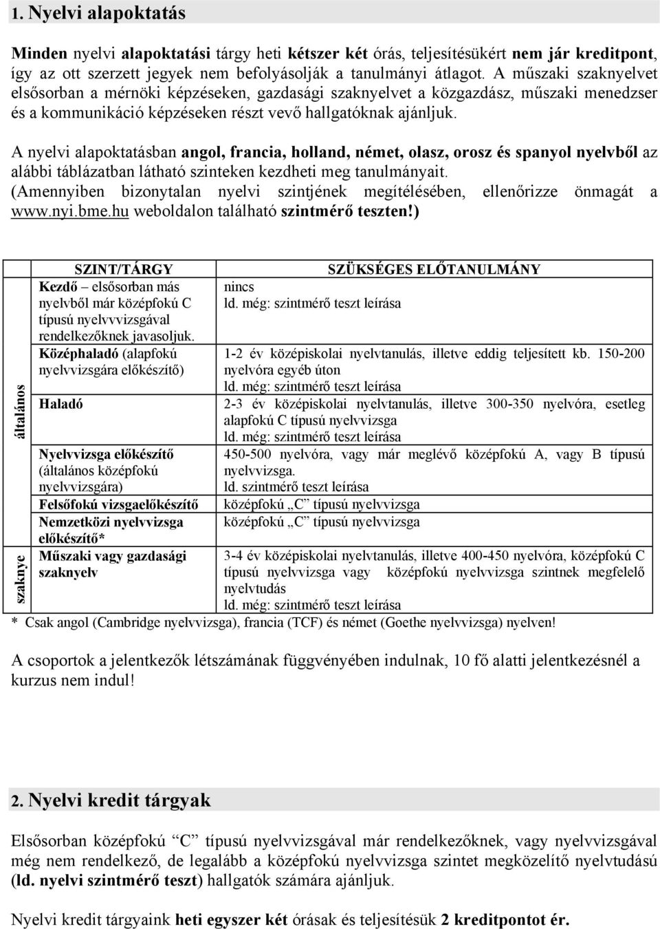 A nyelvi alapoktatásban angol, francia, holland, spanyol nyelvből az alábbi táblázatban látható szinteken kezdheti meg tanulmányait.