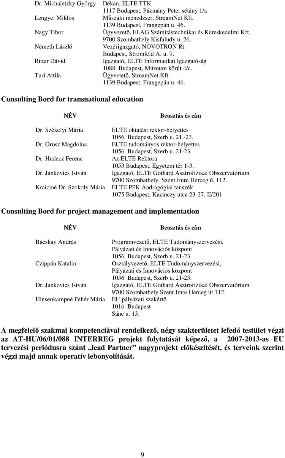Ügyvetetı, StreamNet Kft. 1139 Budapest, Frangepán u. 46. Consulting Bord for transnational education NÉV Dr. Székelyi Mária Dr. Orosz Magdolna Dr. Hudecz Ferenc Dr. Jankovics István Kraiciné Dr.