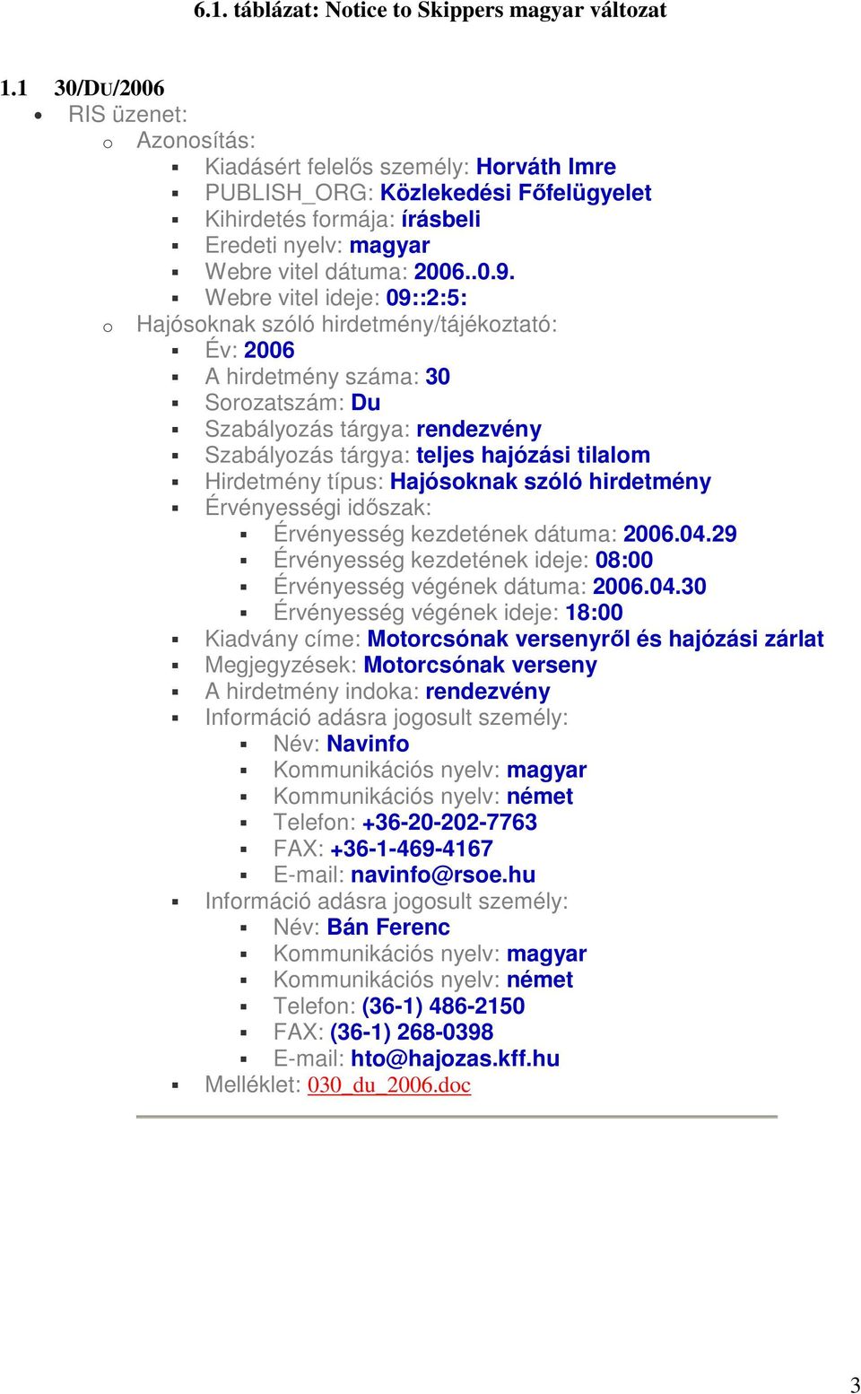 Webre vitel ideje: 09::2:5: o Hajósoknak szóló hirdetmény/tájékoztató: Év: 2006 A hirdetmény száma: 30 Sorozatszám: Du Szabályozás tárgya: rendezvény Szabályozás tárgya: teljes hajózási tilalom
