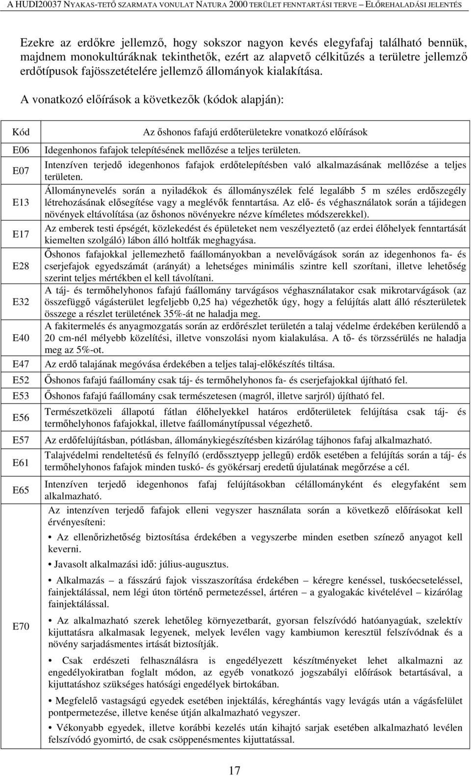 A vonatkozó előírások a következők (kódok alapján): Kód E06 E07 E13 E17 E28 E32 E40 E47 E52 E53 E56 E57 E61 E65 E70 Az őshonos fafajú erdőterületekre vonatkozó előírások Idegenhonos fafajok