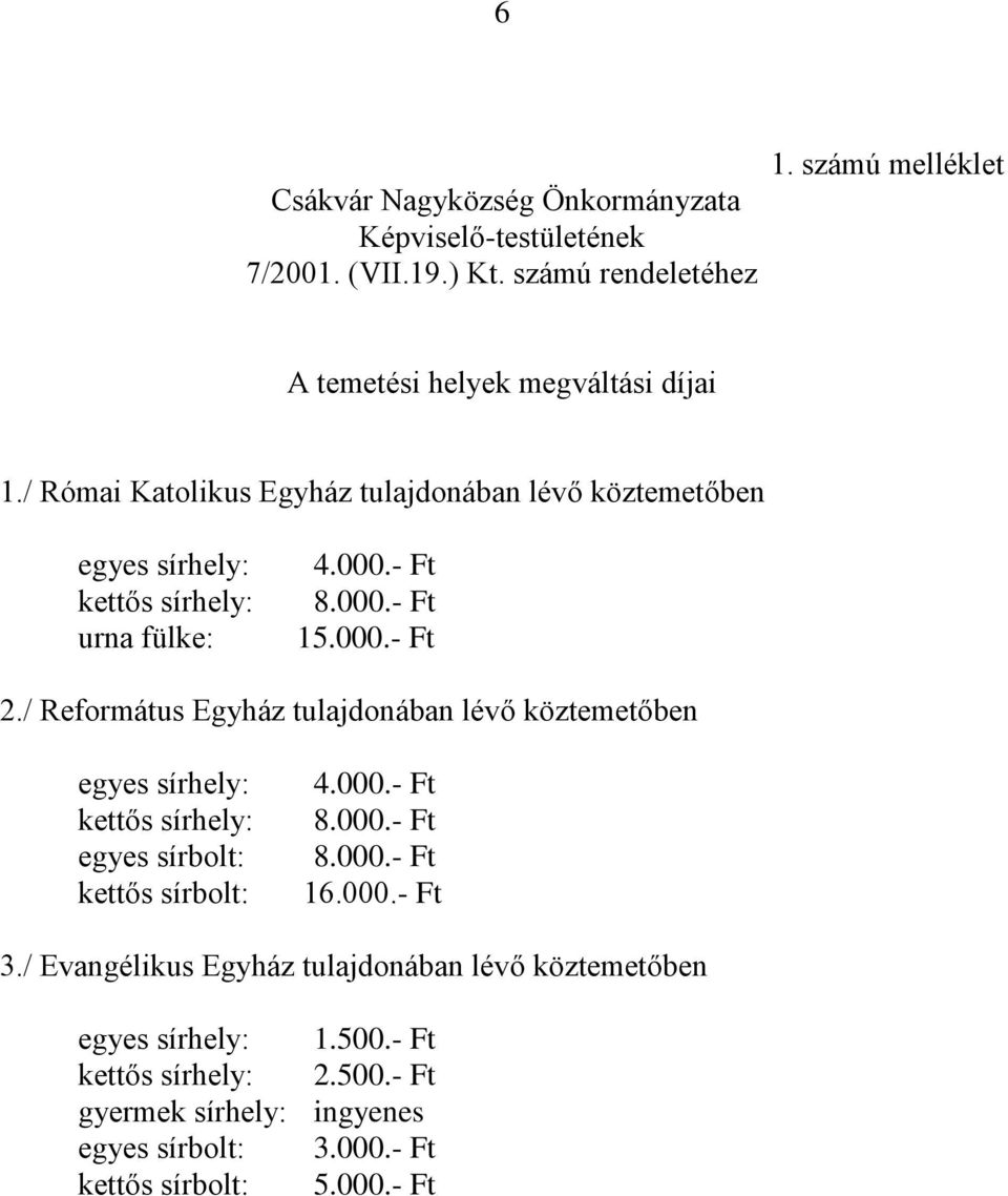 / Református Egyház tulajdonában lévő köztemetőben egyes sírhely: kettős sírhely: egyes sírbolt: kettős sírbolt: 4.000.- Ft 8.000.- Ft 8.000.- Ft 16.000.- Ft 3.