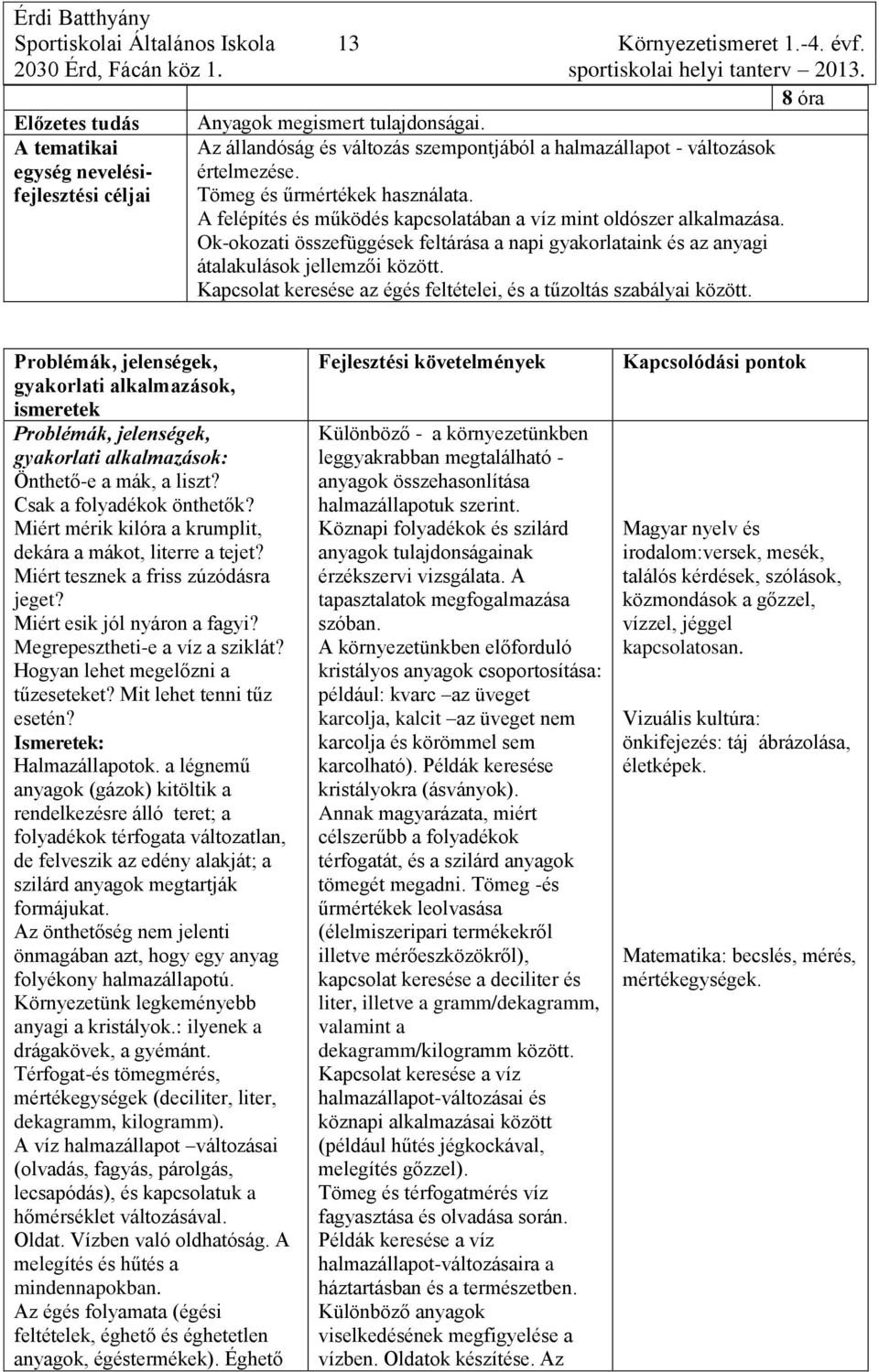 Ok-okozati összefüggések feltárása a napi gyakorlataink és az anyagi átalakulások jellemzői között. Kapcsolat keresése az égés feltételei, és a tűzoltás szabályai között. Önthető-e a mák, a liszt?