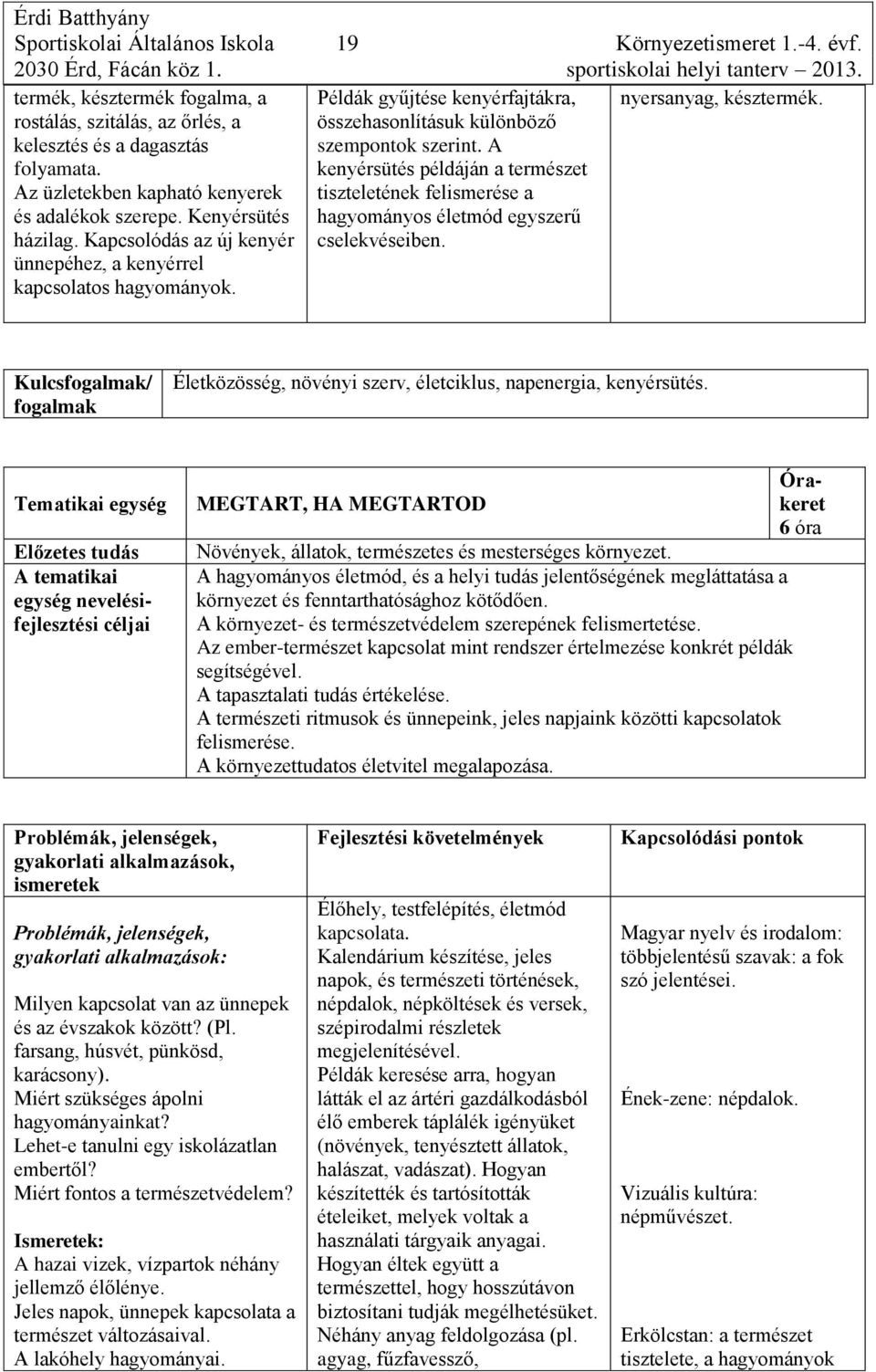 Példák gyűjtése kenyérfajtákra, összehasonlításuk különböző szempontok szerint. A kenyérsütés példáján a természet tiszteletének felismerése a hagyományos életmód egyszerű cselekvéseiben.