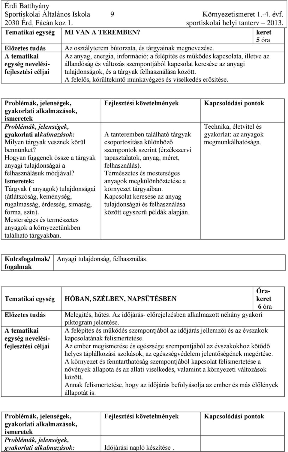 A felelős, körültekintő munkavégzés és viselkedés erősítése. Milyen tárgyak vesznek körül bennünket? Hogyan függenek össze a tárgyak anyagi tulajdonságai a felhasználásuk módjával?