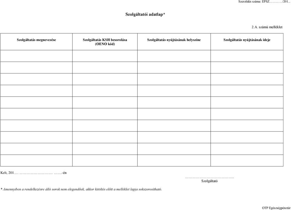 kód) Szolgáltatás nyújtásának helyszíne Szolgáltatás nyújtásának ideje Kelt,