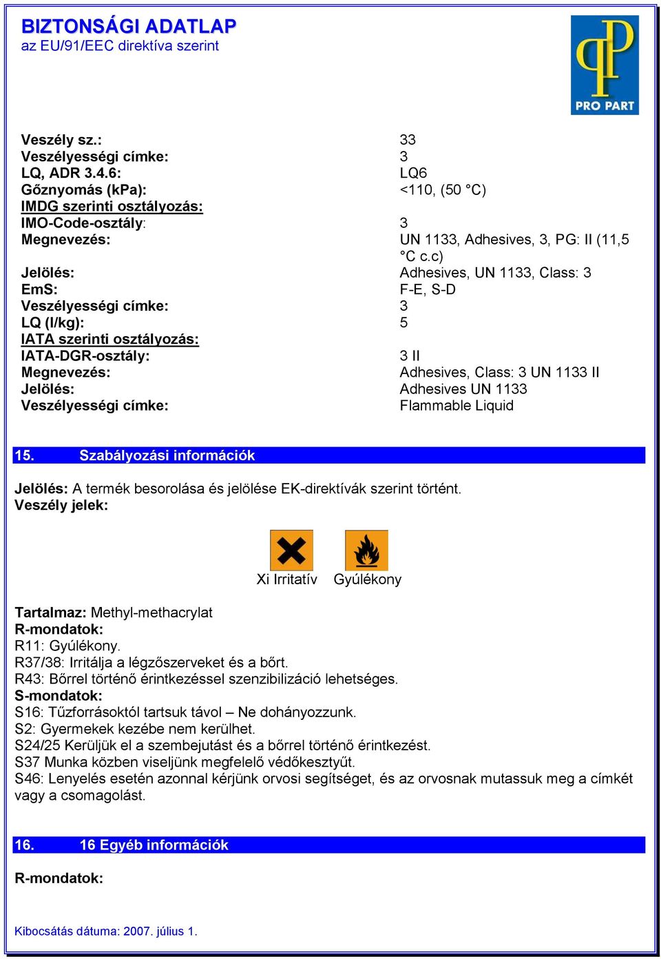 Veszélyességi címke: LQ6 <110, (50 C) UN 11, Adhesives,, PG: II (11,5 C c.c) Adhesives, UN 11, Class: F-E, S-D 5 II Adhesives, Class: UN 11 II Adhesives UN 11 Flammable Liquid 15.