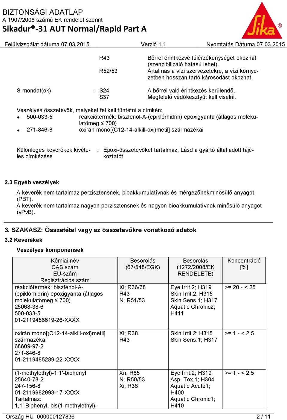 Veszélyes összetevők, melyeket fel kell tüntetni a címkén: 500-033-5 reakciótermék: biszfenol-a-(epiklórhidrin) epoxigyanta (átlagos molekulatömeg 700) 271-846-8 oxirán mono[(c12-14-alkill-oxi)metil]