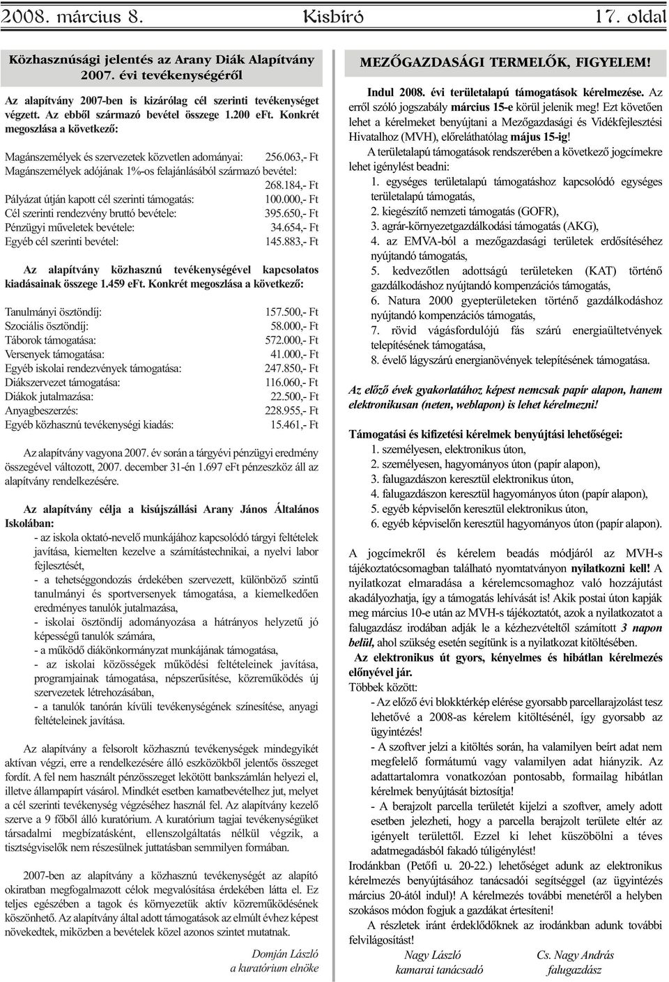 063,- Ft Magánszemélyek adójának 1%-os felajánlásából származó bevétel: 268.184,- Ft Pályázat útján kapott cél szerinti támogatás: 100.000,- Ft Cél szerinti rendezvény bruttó bevétele: 395.