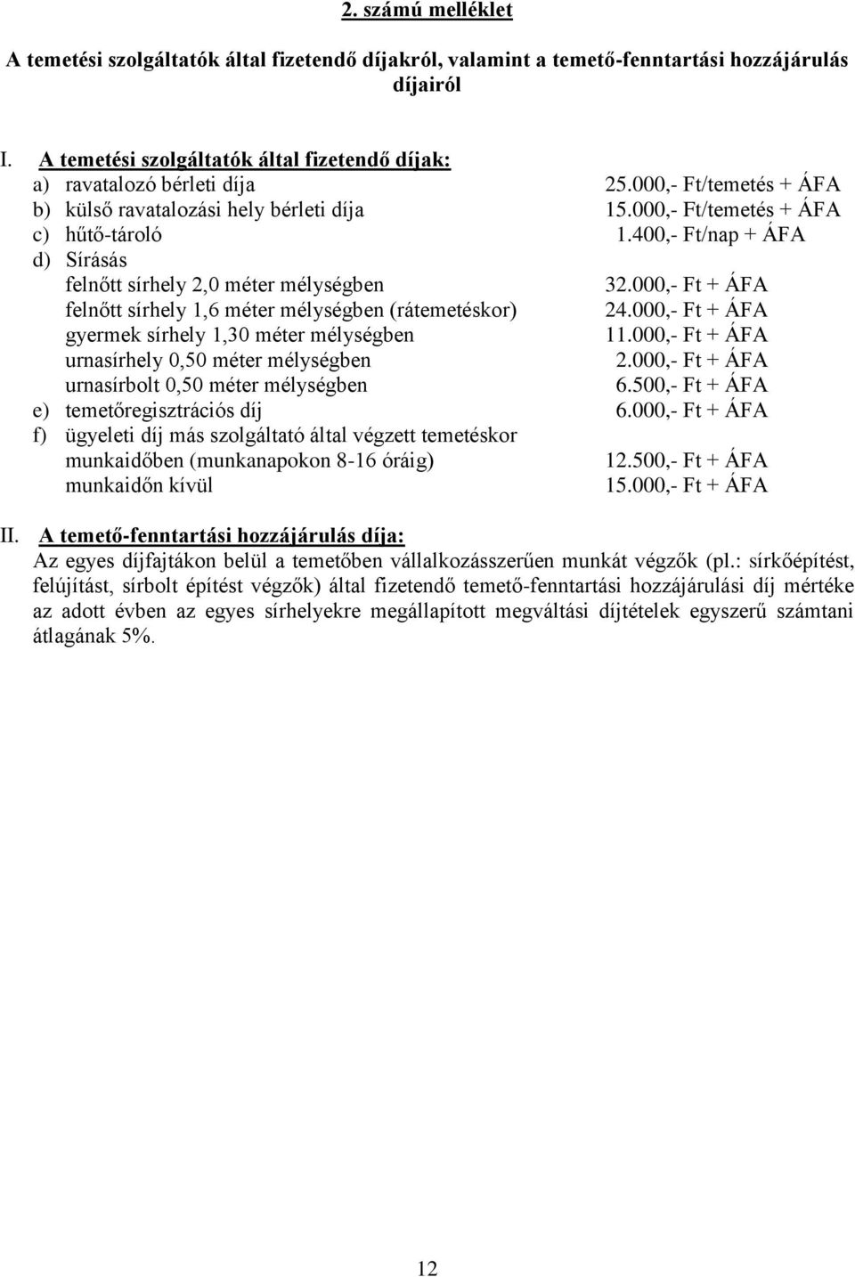 400,- Ft/nap + ÁFA d) Sírásás felnőtt sírhely 2,0 méter mélységben 32.000,- Ft + ÁFA felnőtt sírhely 1,6 méter mélységben (rátemetéskor) 24.000,- Ft + ÁFA gyermek sírhely 1,30 méter mélységben 11.