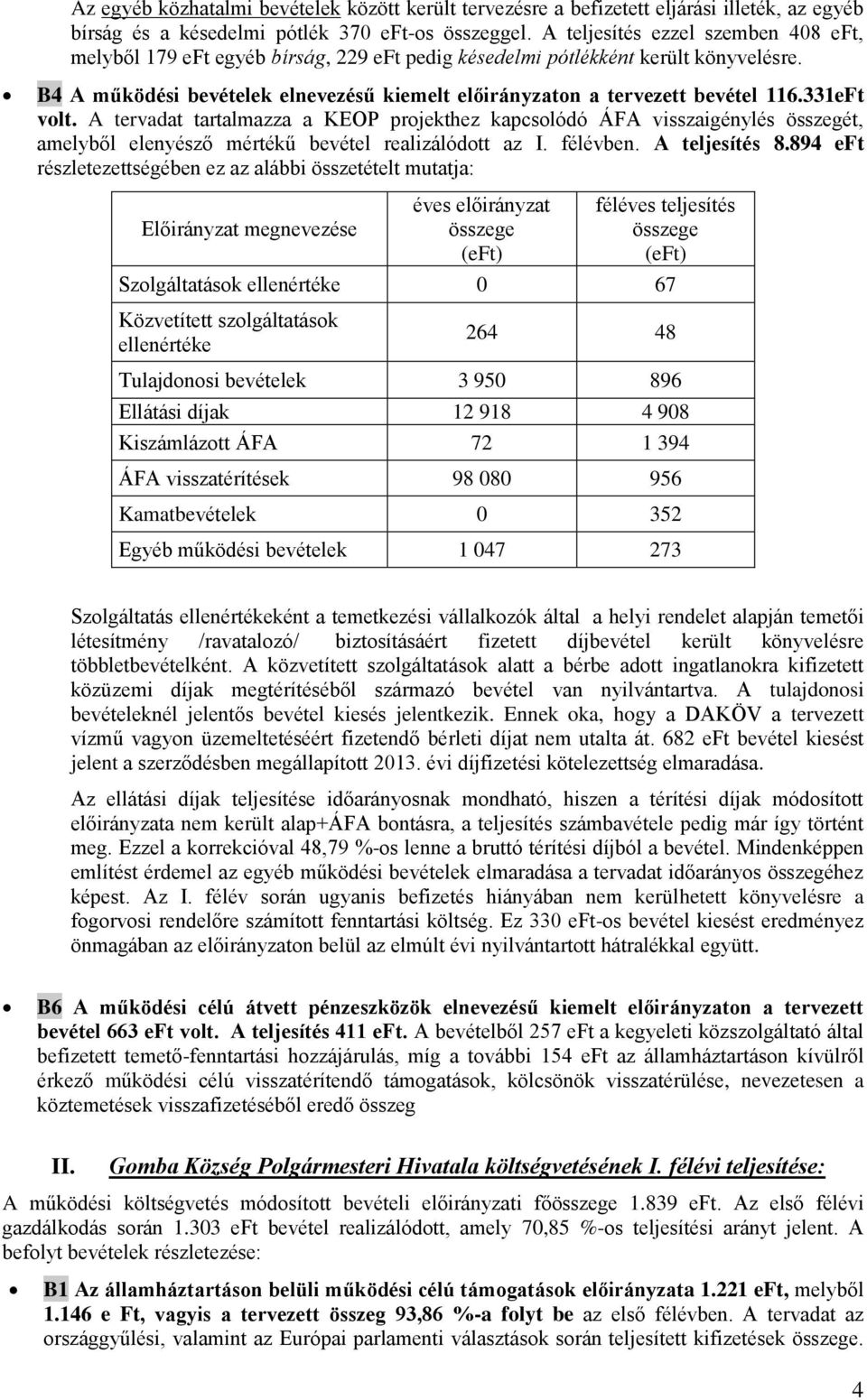 B4 A működési bevételek elnevezésű kiemelt előirányzaton a tervezett bevétel 116.331eFt volt.