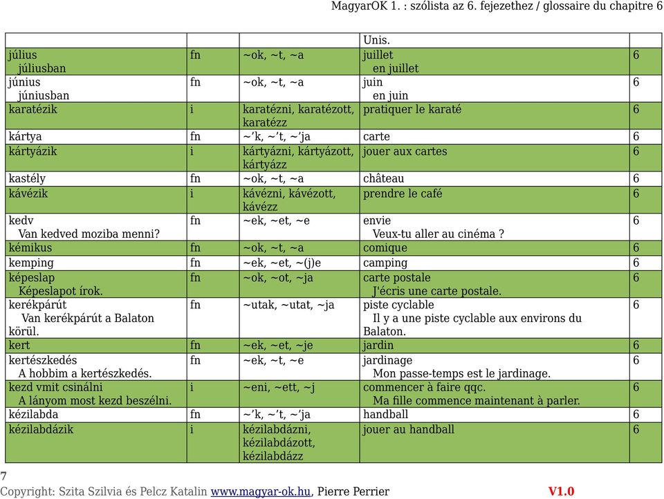 kártyázik i kártyázni, kártyázott, jouer aux cartes kártyázz kastély fn ~ok, ~t, ~a château kávézik i kávézni, kávézott, prendre le café kávézz kedv fn ~ek, ~et, ~e envie Van kedved moziba menni?