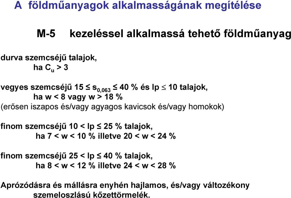 homokok) finom szemcséjű 10 < Ip 25 % talajok, ha 7 < w < 10 % illetve 20 < w < 24 % finom szemcséjű 25 < Ip 40 % talajok,