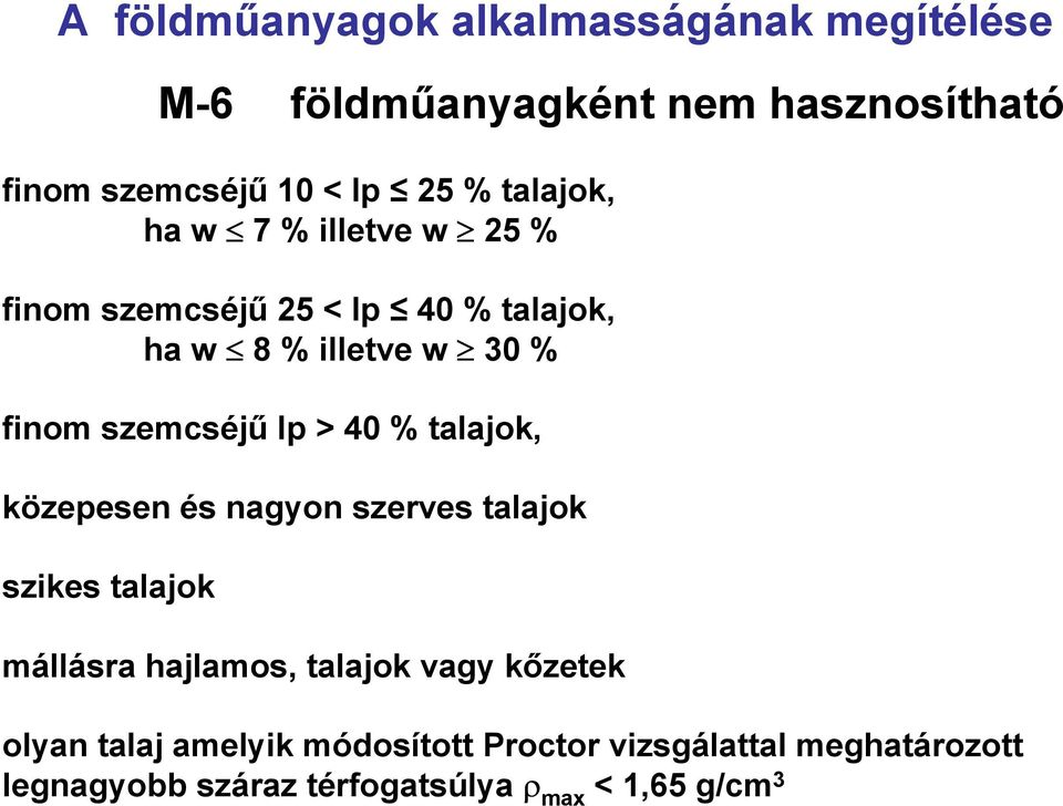 Ip > 40 % talajok, közepesen és nagyon szerves talajok szikes talajok mállásra hajlamos, talajok vagy kőzetek