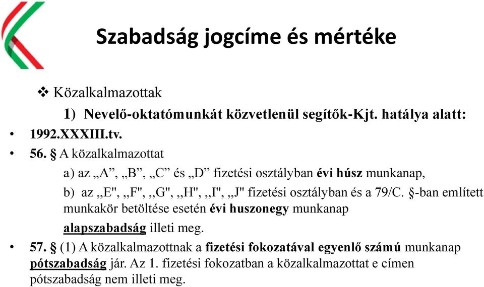 osztályban és a 79/C. -ban említett munkakör betöltése esetén évi huszonegy munkanap alapszabadság illeti meg. 57.