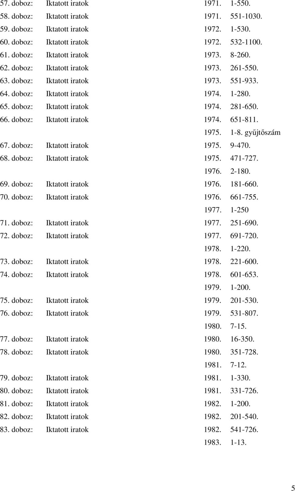 doboz: Iktatott iratok 1974. 651-811. 1975. 1-8. gyűjtőszám 67. doboz: Iktatott iratok 1975. 9-470. 68. doboz: Iktatott iratok 1975. 471-727. 1976. 2-180. 69. doboz: Iktatott iratok 1976. 181-660. 70.