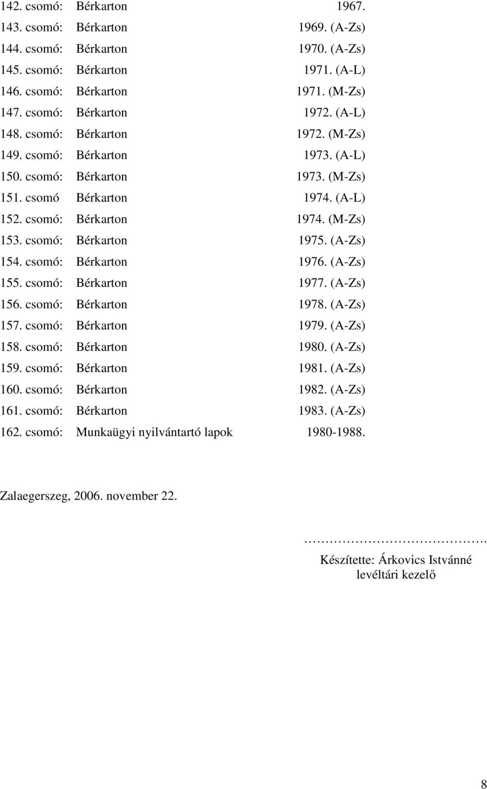 csomó: Bérkarton 1975. (A-Zs) 154. csomó: Bérkarton 1976. (A-Zs) 155. csomó: Bérkarton 1977. (A-Zs) 156. csomó: Bérkarton 1978. (A-Zs) 157. csomó: Bérkarton 1979. (A-Zs) 158. csomó: Bérkarton 1980.