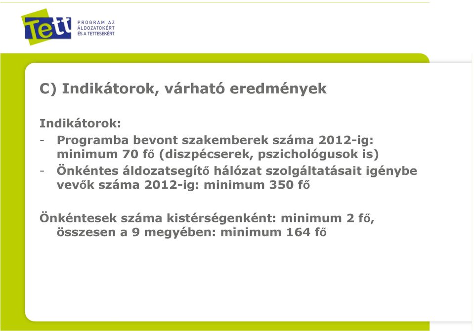 áldozatsegítő hálózat szolgáltatásait igénybe vevők száma 2012-ig: minimum 350