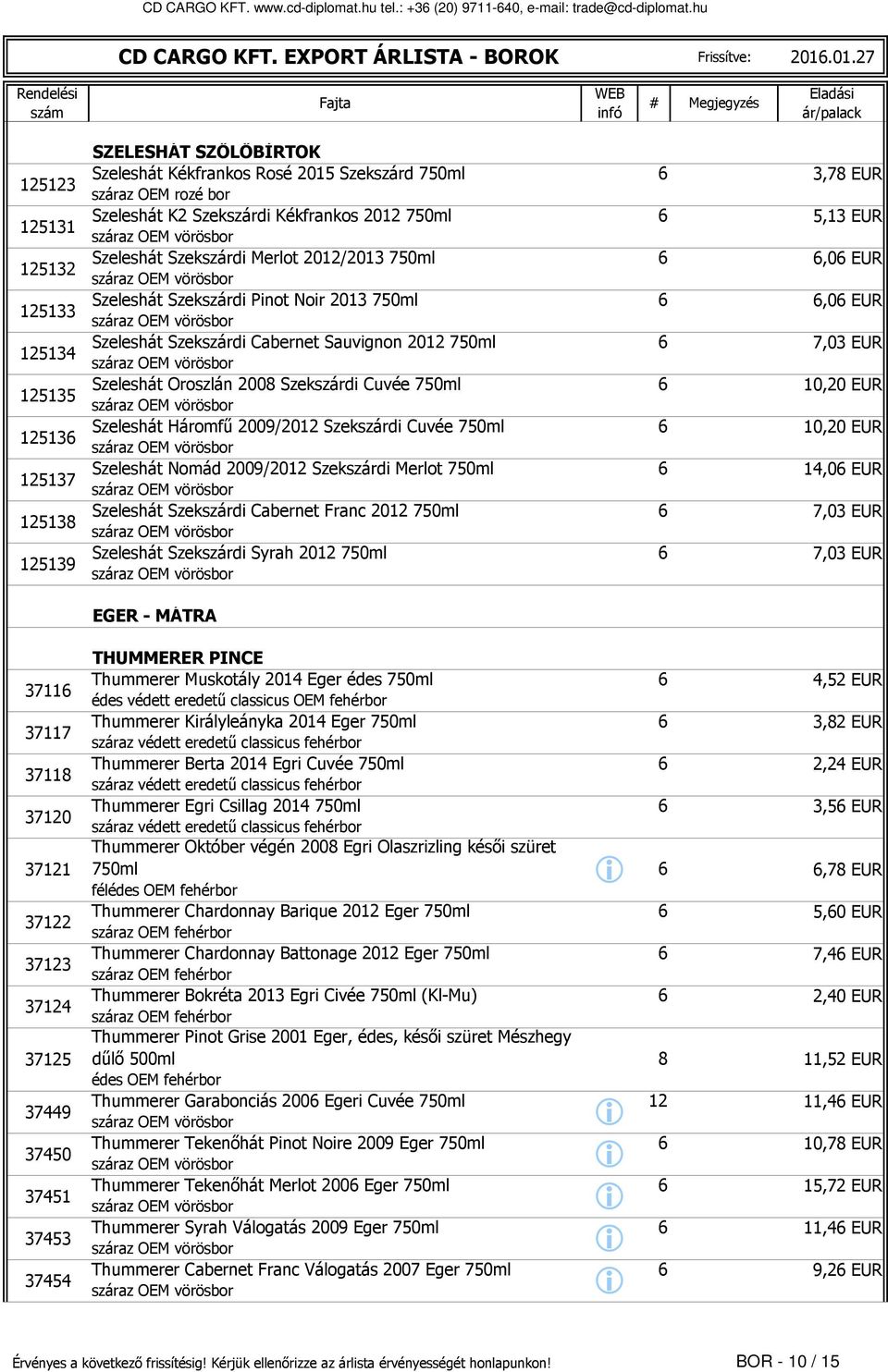 Kékfrankos 2012 750ml 6 5,13 EUR Szeleshát Szekszárd Merlot 2012/2013 750ml 6 6,06 EUR Szeleshát Szekszárd Pnot Nor 2013 750ml 6 6,06 EUR Szeleshát Szekszárd Cabernet Sauvgnon 2012 750ml 6 7,03 EUR