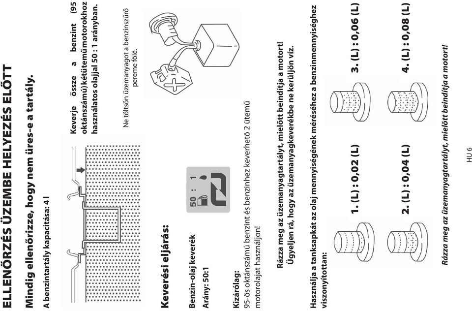 Keverési eljárás: Benzin-olaj keverék Arány: 50:1 Kizárólag: 95-ös oktánszámú benzint és benzinhez keverhetõ 2 ütemű motorolajat használjon!