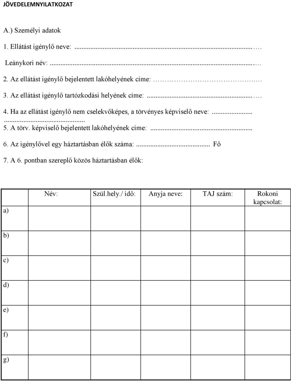 Ha az ellátást igénylő nem cselekvőképes, a törvényes képviselő neve:...... 5. A törv. képviselő bejelentett lakóhelyének címe:.