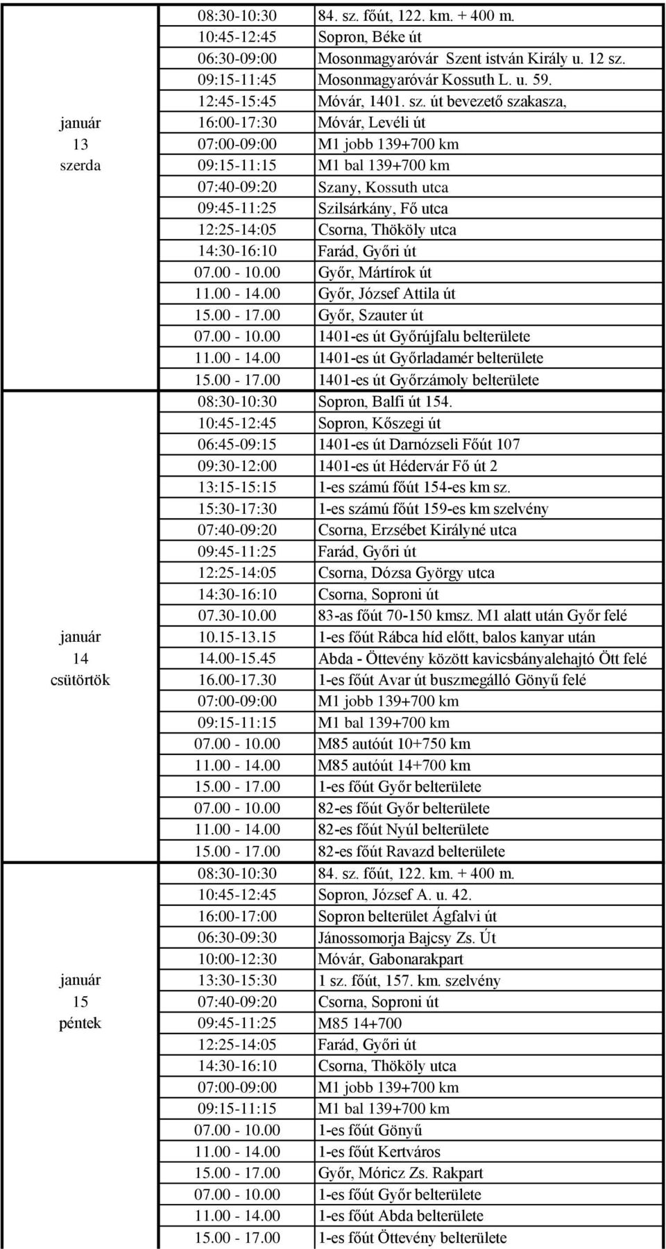 08:30-10:30 Sopron, Balfi út 154. 10:45-12:45 Sopron, Kőszegi út 06:45-09:15 1401-es út Darnózseli Főút 107 09:30-12:00 1401-es út Hédervár Fő út 2 13:15-15:15 1-es számú főút 154-es km sz.