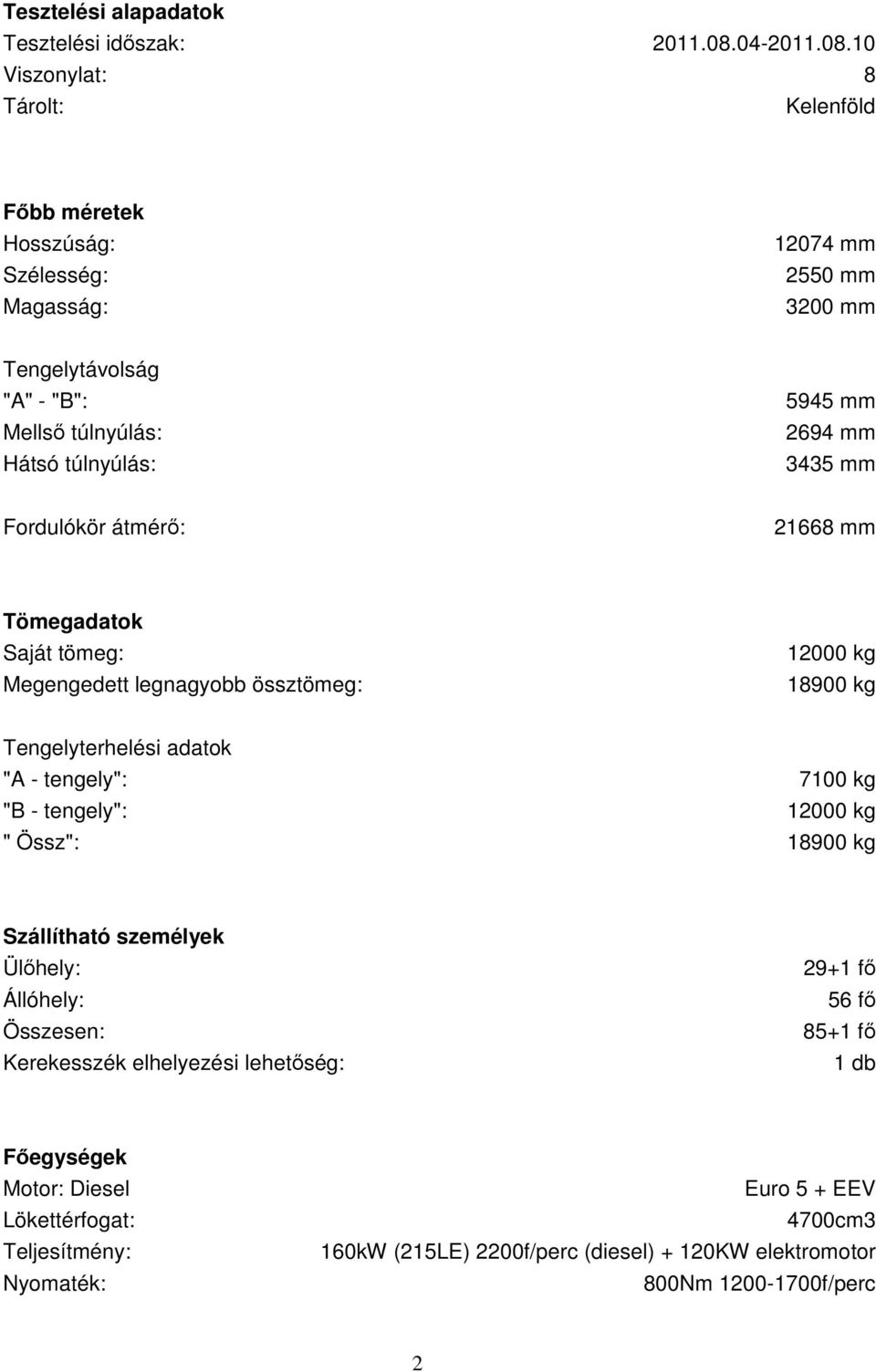 10 Viszonylat: 8 Tárolt: Kelenföld Főbb méretek Hosszúság: Szélesség: Magasság: 12074 mm 2550 mm 3200 mm Tengelytávolság "A" - "B": Mellső túlnyúlás: Hátsó túlnyúlás: 5945 mm 2694