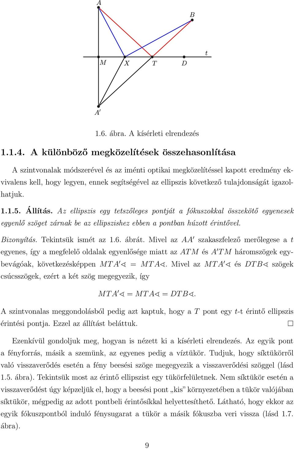 tulajdonságát igazolhatjuk. 1.1.5. Állítás. Az ellipszis egy tetszőleges pontját a fókuszokkal összekötő egyenesek egyenlő szöget zárnak be az ellipszishez ebben a pontban húzott érintővel.