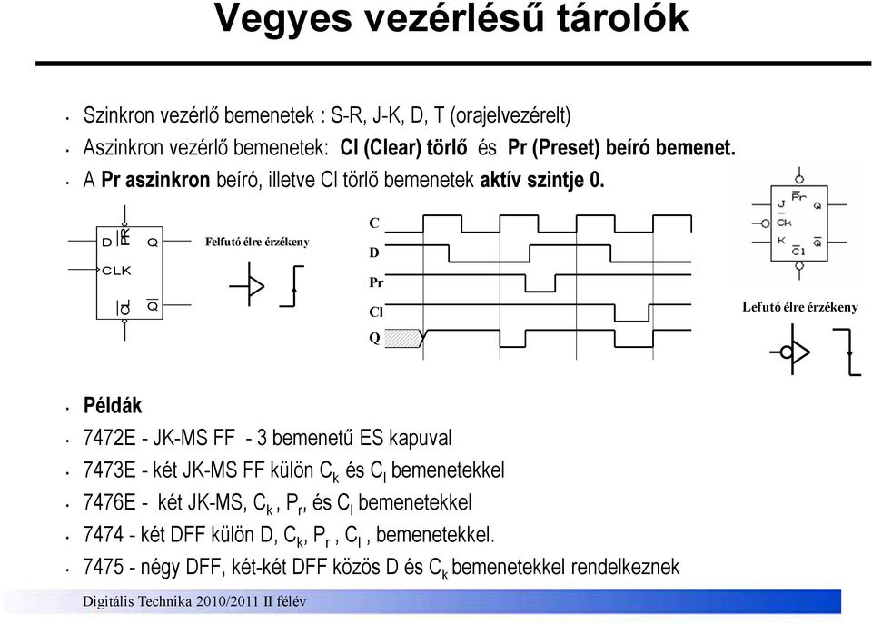 C P Felfutó élre érzékeny Pr CL Cl Lefutó élre érzékeny Példák 7472E - JK-M FF - 3 bemenető E kapuval 7473E - két JK-M FF külön C k és C l