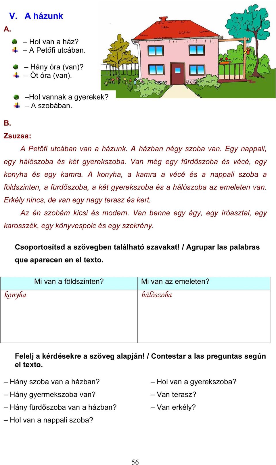 A konyha, a kamra a vécé és a nappali szoba a földszinten, a fürdőszoba, a két gyerekszoba és a hálószoba az emeleten van. Erkély nincs, de van egy nagy terasz és kert. Az én szobám kicsi és modern.