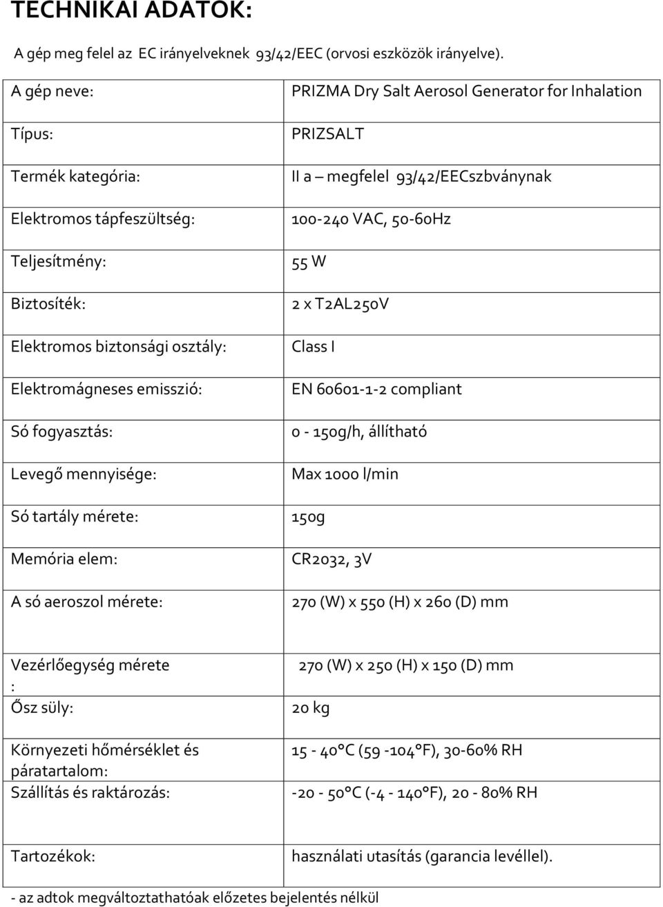 Memória elem: A só aeroszol mérete: PRIZMA Dry Salt Aerosol Generator for Inhalation PRIZSALT II a megfelel 93/42/EECszbványnak 100-240 VAC, 50-60Hz 55 W 2 x T2AL250V Class I EN 60601-1-2 compliant