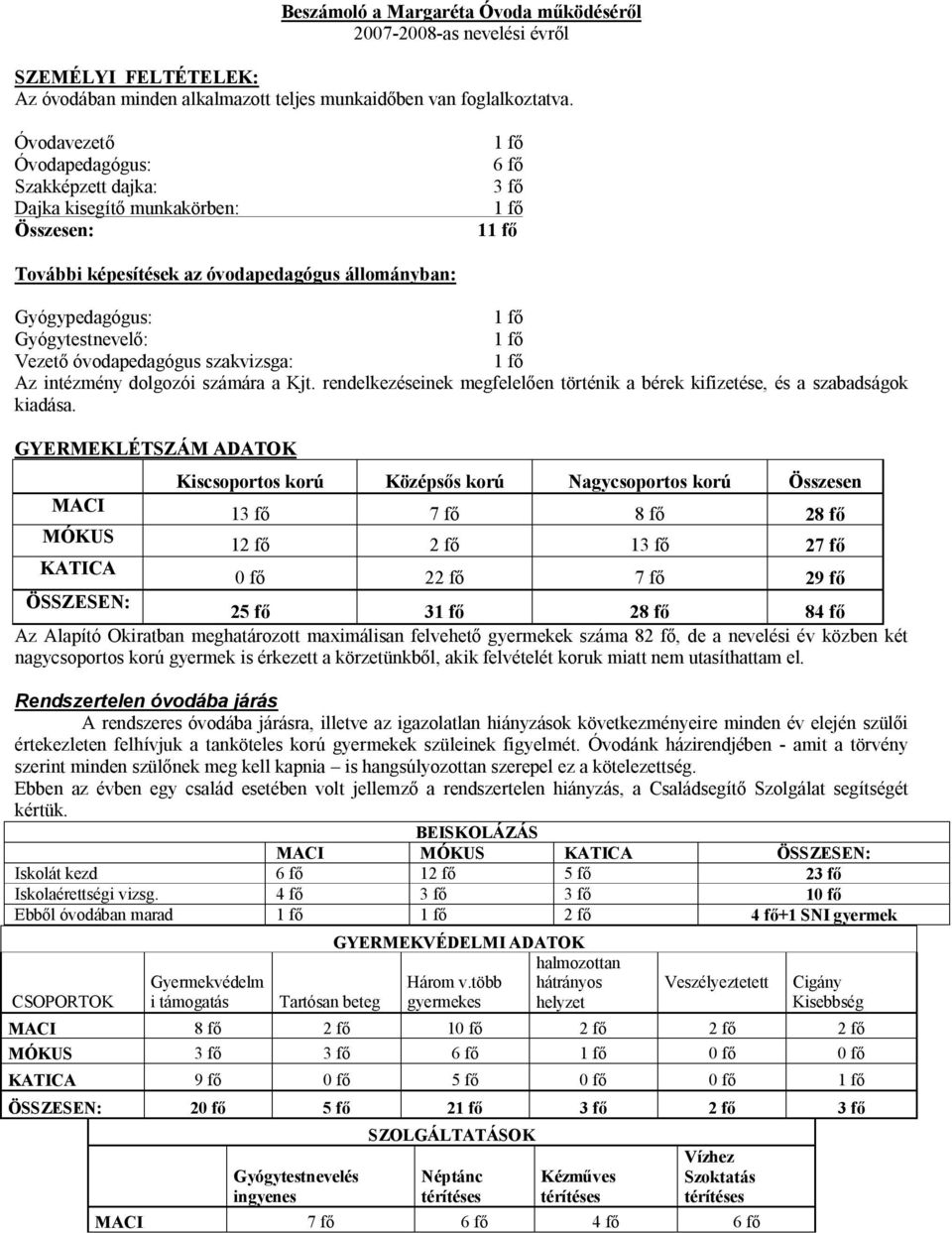 1 fő Vezető óvodapedagógus szakvizsga: 1 fő Az intézmény dolgozói számára a Kjt. rendelkezéseinek megfelelően történik a bérek kifizetése, és a szabadságok kiadása.